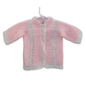 Vintage Baby Hand Knit Sweater Pink Rose Motif Soft New Buttons Layette